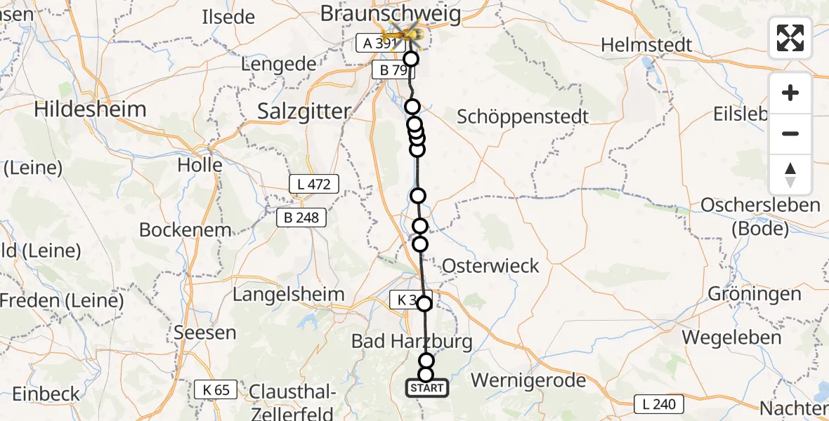 Flugroute Rettungshubschrauber Wernigerode - Braunschweig, 23 August 2026, 15:53