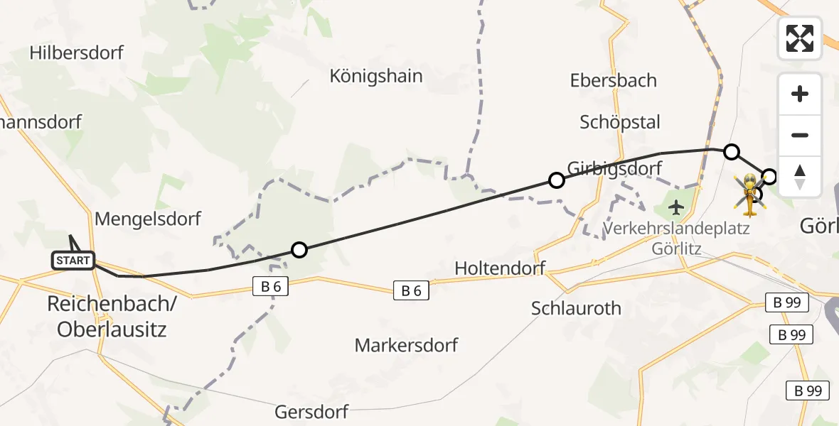 Flugroute Rettungshubschrauber Reichenbach/O.L. - Görlitz Hospital, 23 August 2026, 15:57