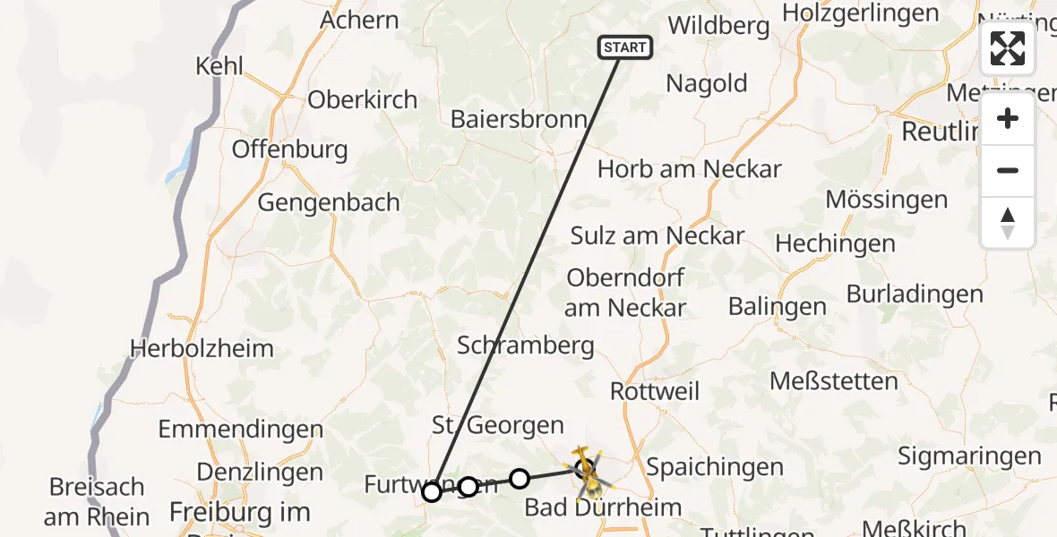 Flugroute Ambulanzhubschrauber Altensteig - DRF Air Rescue Station Villingen-Schwenningen Hubschrauberlandeplatz (Christoph 11), 23 August 2026, 15:59