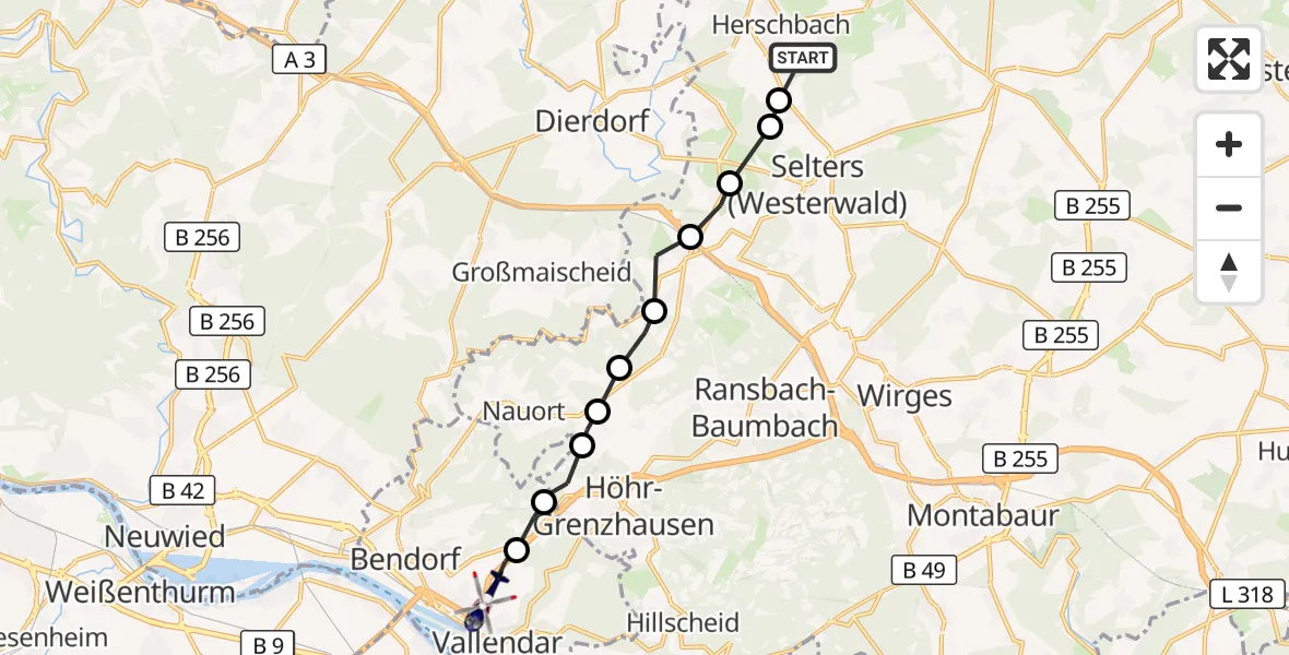 Flugroute Polizeihubschrauber Herschbach - Weitersburg, 23 August 2026, 16:05