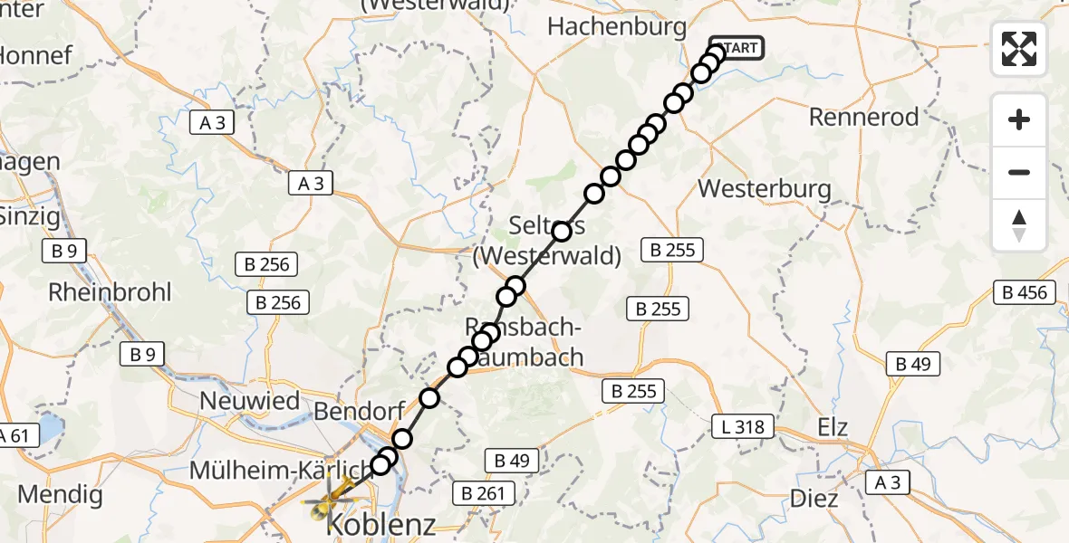 Flugroute Rettungshubschrauber Bad Marienberg (Westerwald) - Koblenz, 23 August 2026, 16:09