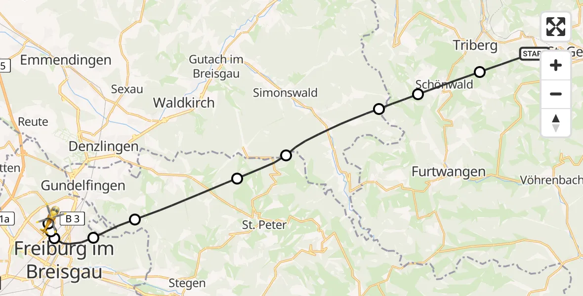 Flugroute Ambulanzhubschrauber Triberg im Schwarzwald - Freiburg im Breisgau Flugplatz, 23 August 2026, 16:09
