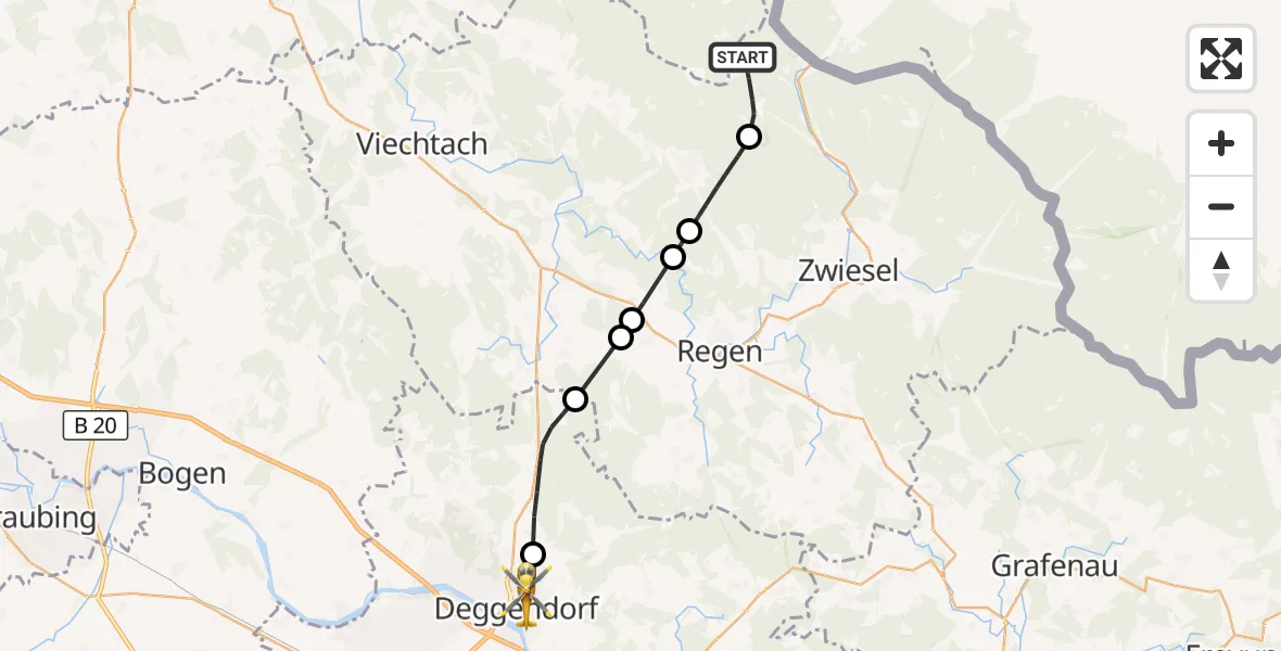 Flugroute Ambulanzhubschrauber Bayerisch Eisenstein - Deggendorf, 23 August 2026, 16:13