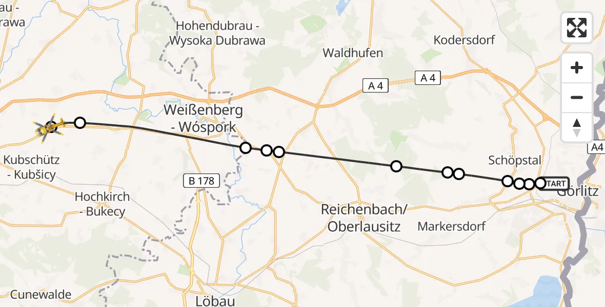 Flugroute Rettungshubschrauber Görlitz Hospital - Bautzen Flugplatz, 23 August 2026, 16:26