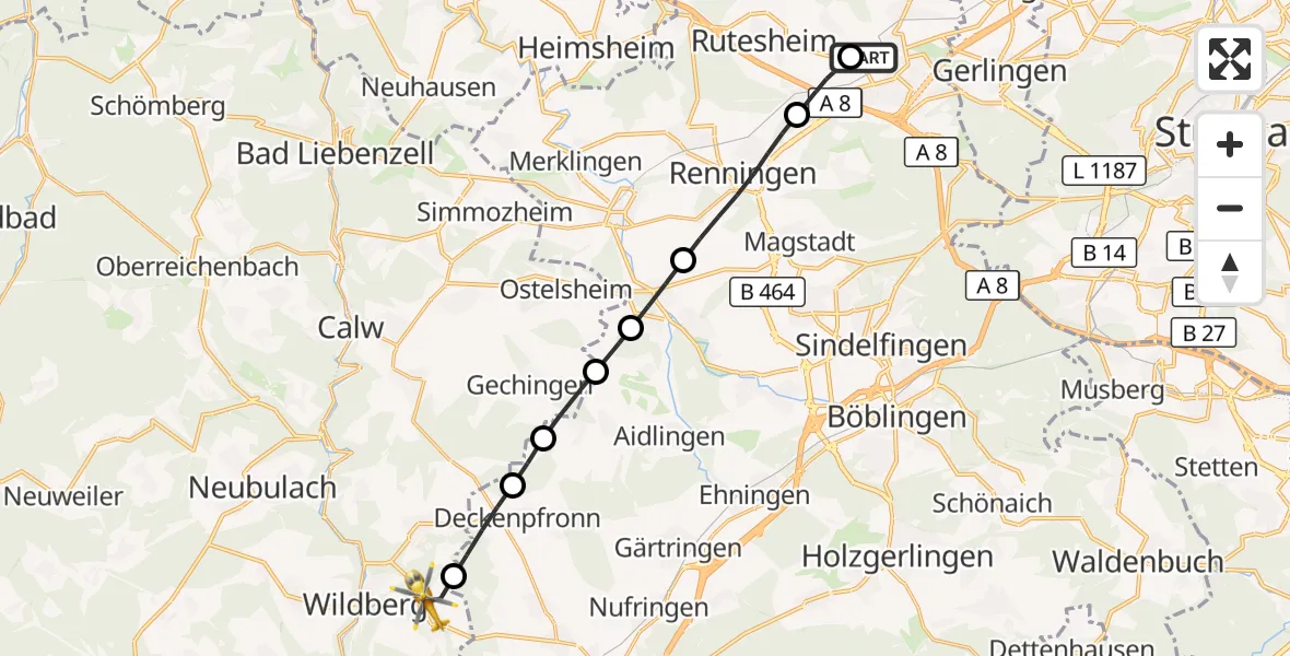 Flugroute Rettungshubschrauber Leonberg Hospital - Wildberg, 23 August 2026, 16:26