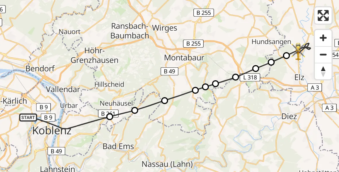 Flugroute Rettungshubschrauber Koblenz - Hadamar, 23 August 2026, 16:42
