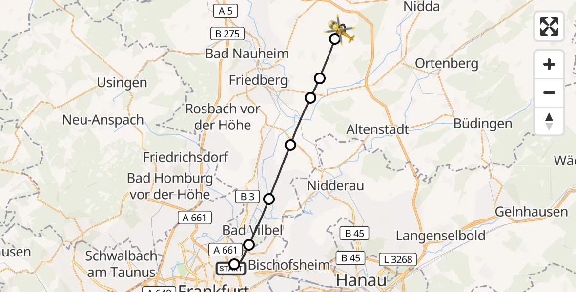 Flugroute Rettungshubschrauber Frankfurt am Main Accident Hospital Roof Helipad (CHX2) - Echzell, 23 August 2026, 16:46