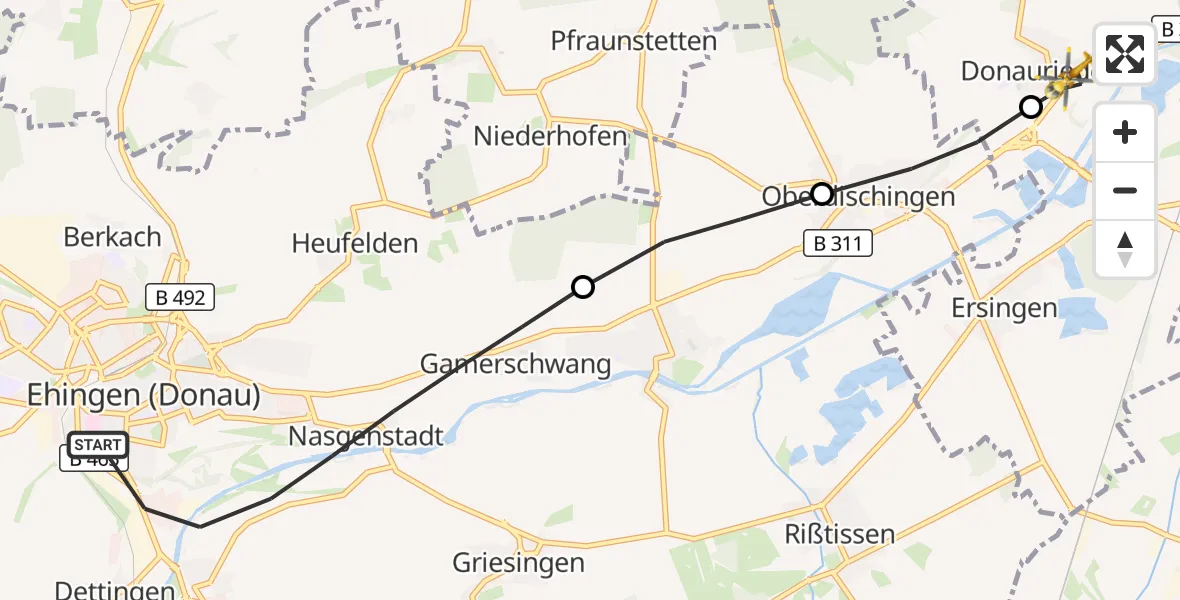 Flugroute Rettungshubschrauber Ehingen (Donau) - Erbach, 23 August 2026, 16:52