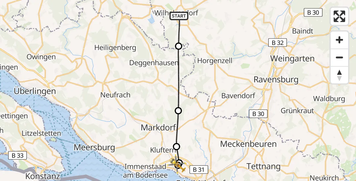 Flugroute Rettungshubschrauber Wilhelmsdorf - Friedrichshafen Hospital, 23 August 2026, 16:54