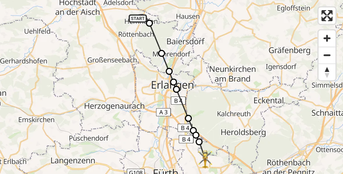 Flugroute Ambulanzhubschrauber Hemhofen - Flughafen Nuremberg, 23 August 2026, 17:00