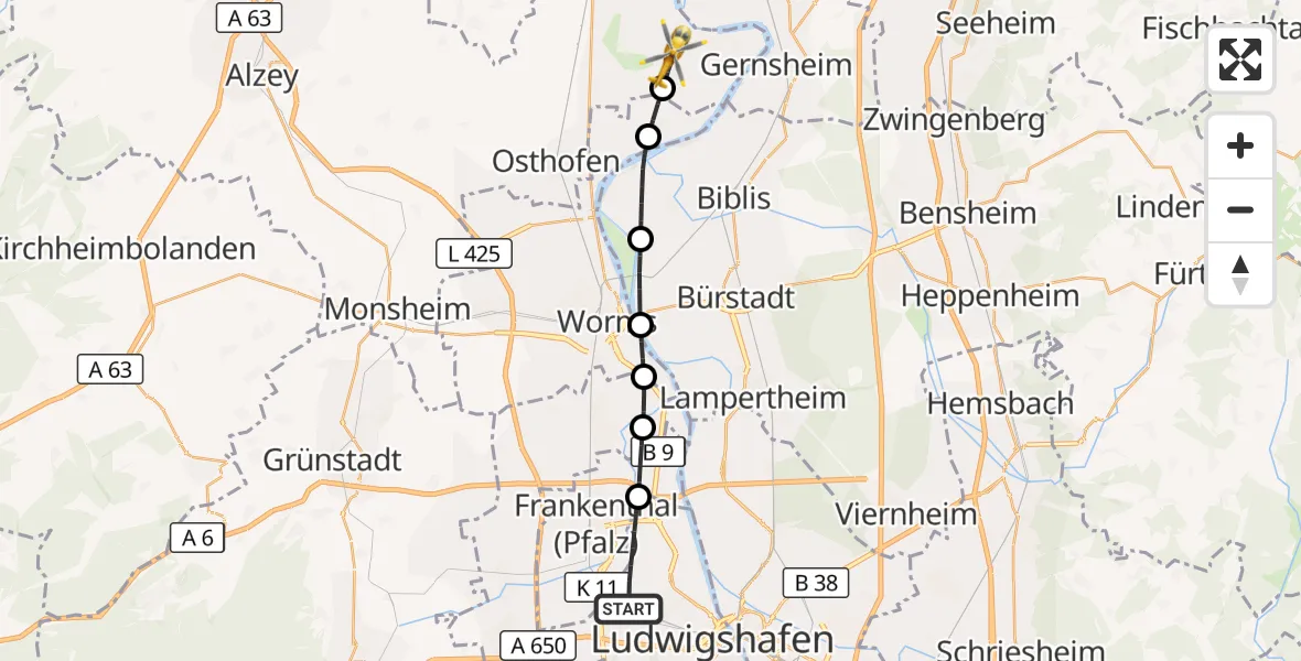 Flugroute Rettungshubschrauber Ludwigshafen am Rhein - Eich, 23 August 2026, 17:09