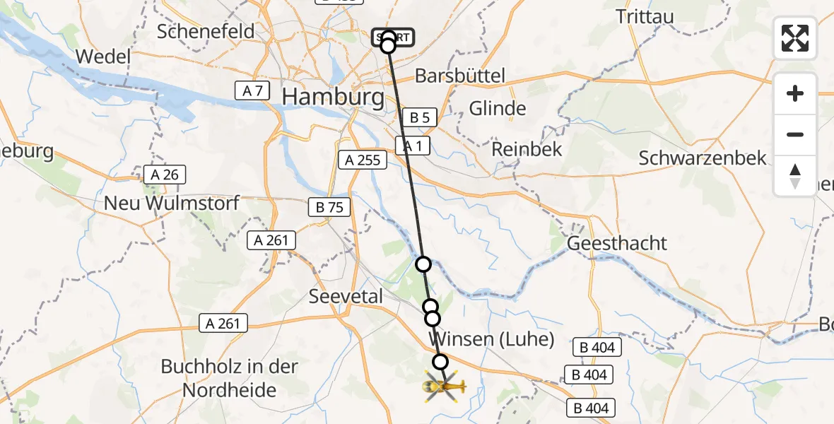 Flugroute Rettungshubschrauber Hamburg Military Hospital - Winsen (Luhe), 23 August 2026, 17:10
