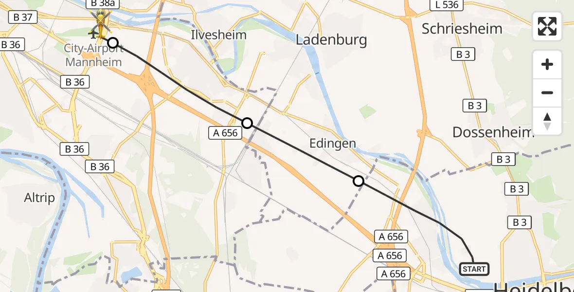 Flugroute Rettungshubschrauber Heidelberg - Mannheim-City Flughafen, 23 August 2026, 17:12