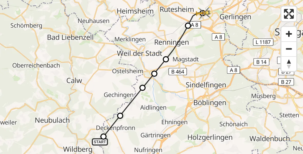 Flugroute Rettungshubschrauber Wildberg - Leonberg Hospital, 23 August 2026, 17:13