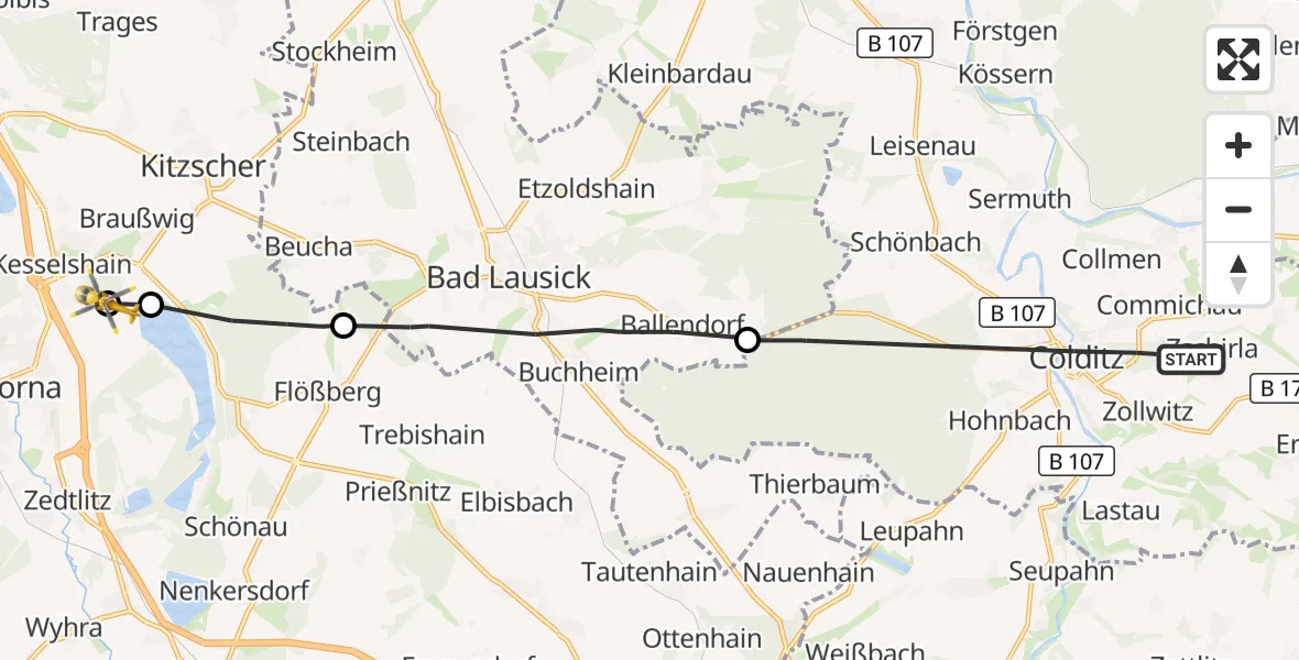 Flugroute Rettungshubschrauber Colditz - Borna, 23 August 2026, 17:25