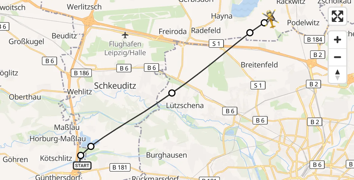 Flugroute Rettungshubschrauber ADAC Air Rescue Station Leipzig/Schkeuditz-Dölzig Hubschrauberlandeplatz (Christoph 61) - Rackwitz, 23 August 2026, 17:40