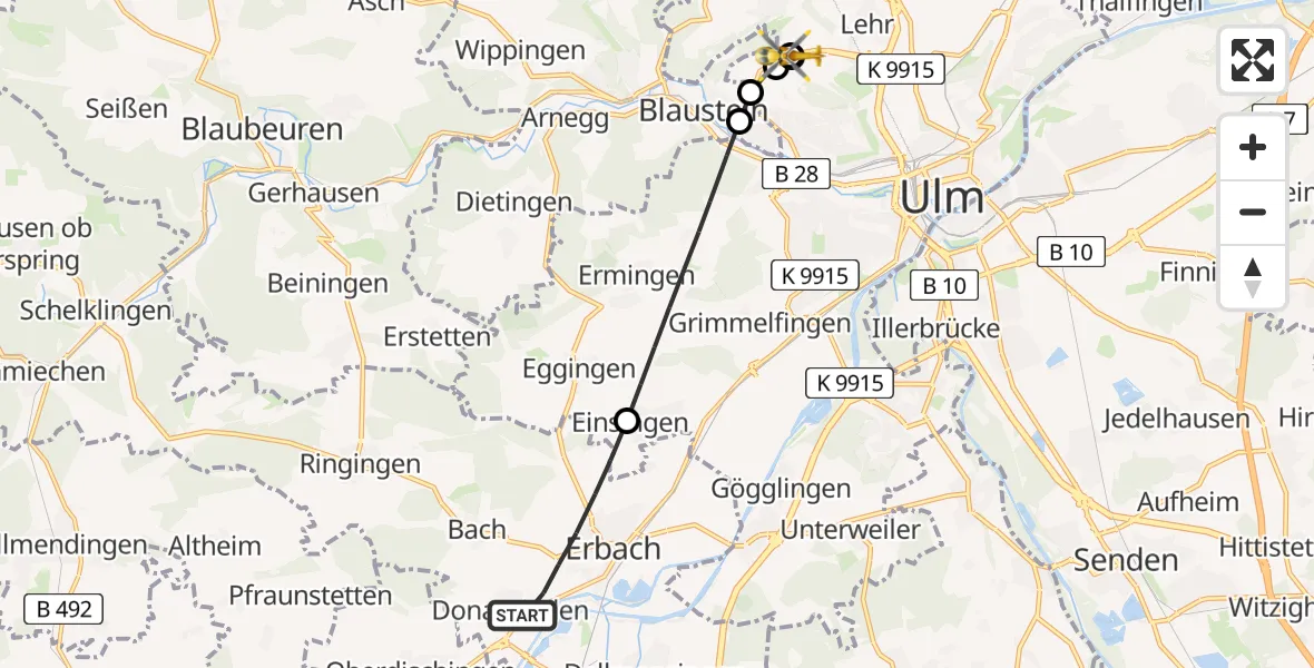 Flugroute Rettungshubschrauber Erbach - ADAC Air Rescue Station Ulm (Christoph 22), 23 August 2026, 17:47