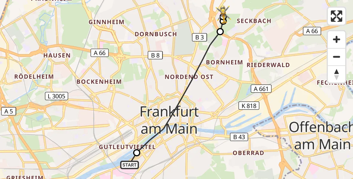 Flugroute Rettungshubschrauber Frankfurt University Hospital - Frankfurt am Main Accident Hospital Roof Helipad (CHX2), 23 August 2026, 17:55