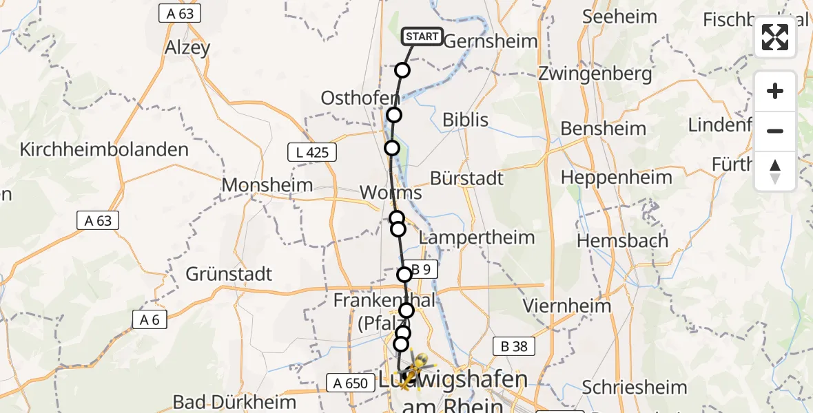 Flugroute Rettungshubschrauber Eich - Ludwigshafen Accident Hospital, 23 August 2026, 17:55
