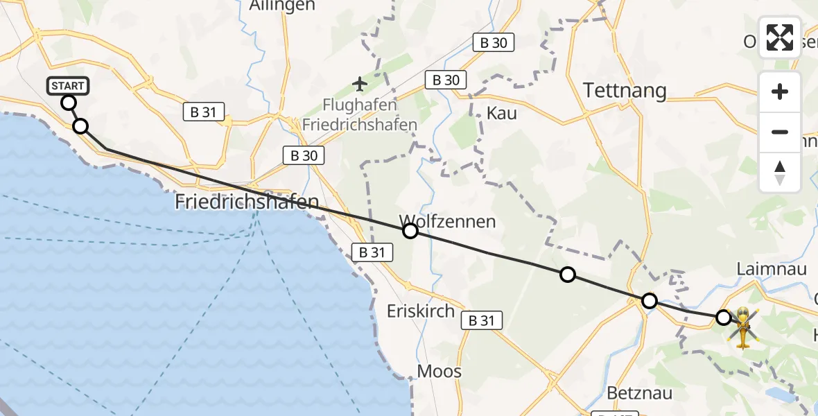 Flugroute Rettungshubschrauber Friedrichshafen Hospital - Tettnang, 23 August 2026, 18:08