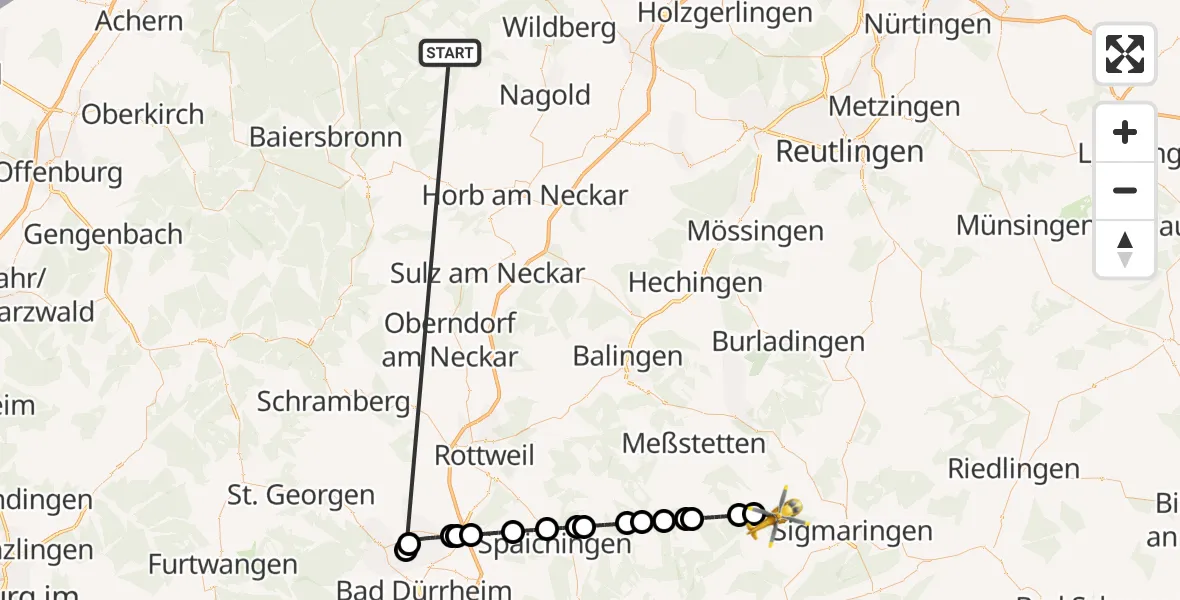 Flugroute Ambulanzhubschrauber Altensteig - Stetten am kalten Markt, 23 August 2026, 18:08