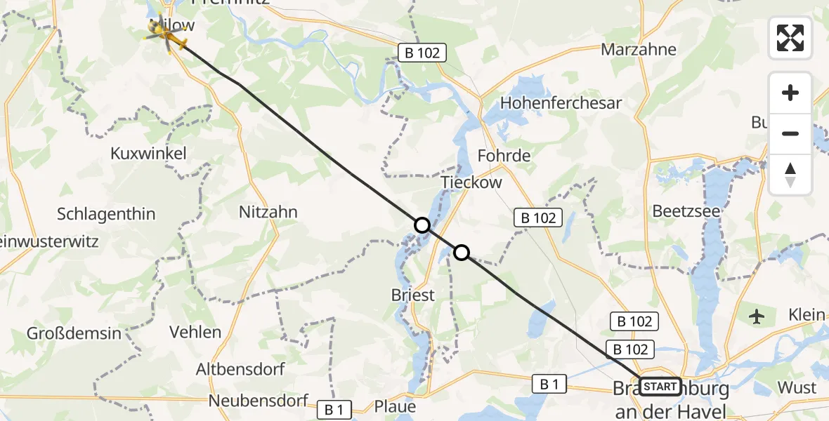 Flugroute Rettungshubschrauber Brandenburg an der Havel - Milower Land, 23 August 2026, 18:09