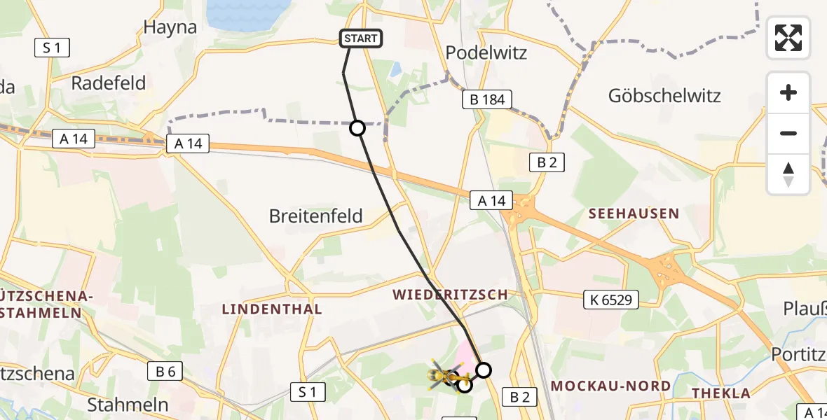 Flugroute Rettungshubschrauber Rackwitz - Sankt Georg Hospital Leipzig Reserve, 23 August 2026, 18:27
