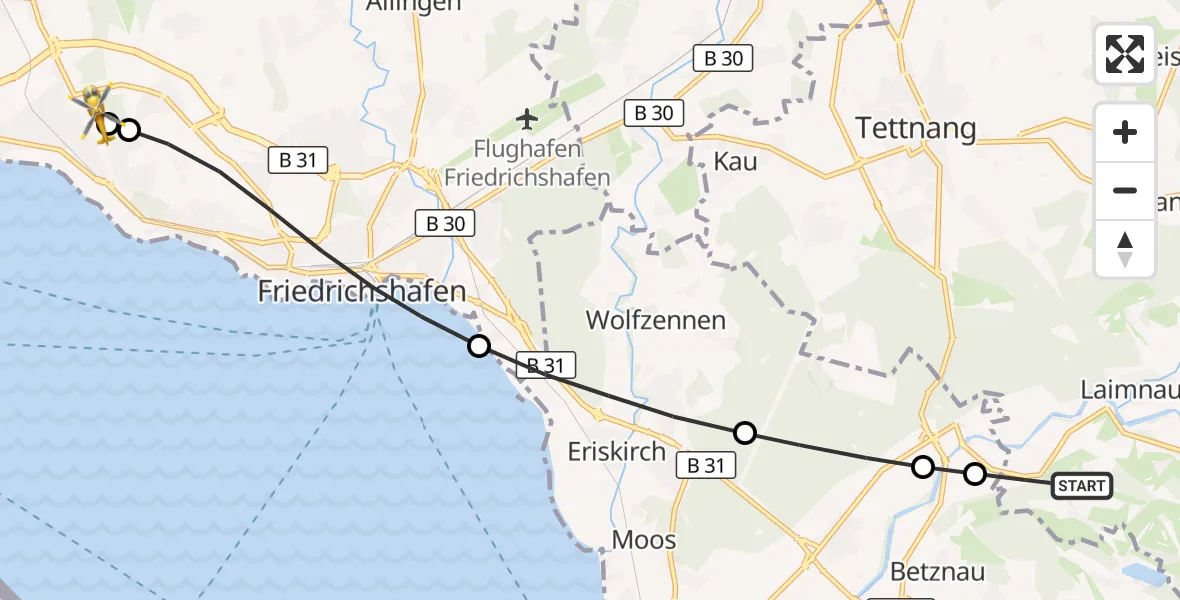 Flugroute Rettungshubschrauber Tettnang - Friedrichshafen Hospital, 23 August 2026, 18:28