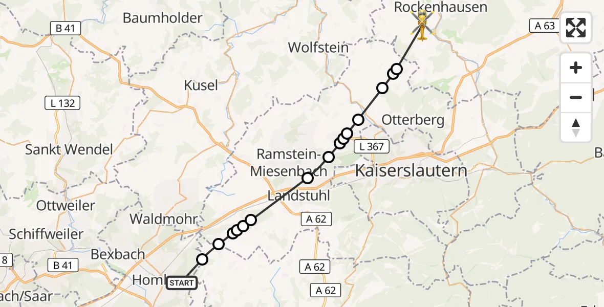Flugroute Rettungshubschrauber Homburg - Rockenhausen, 23 August 2026, 18:30