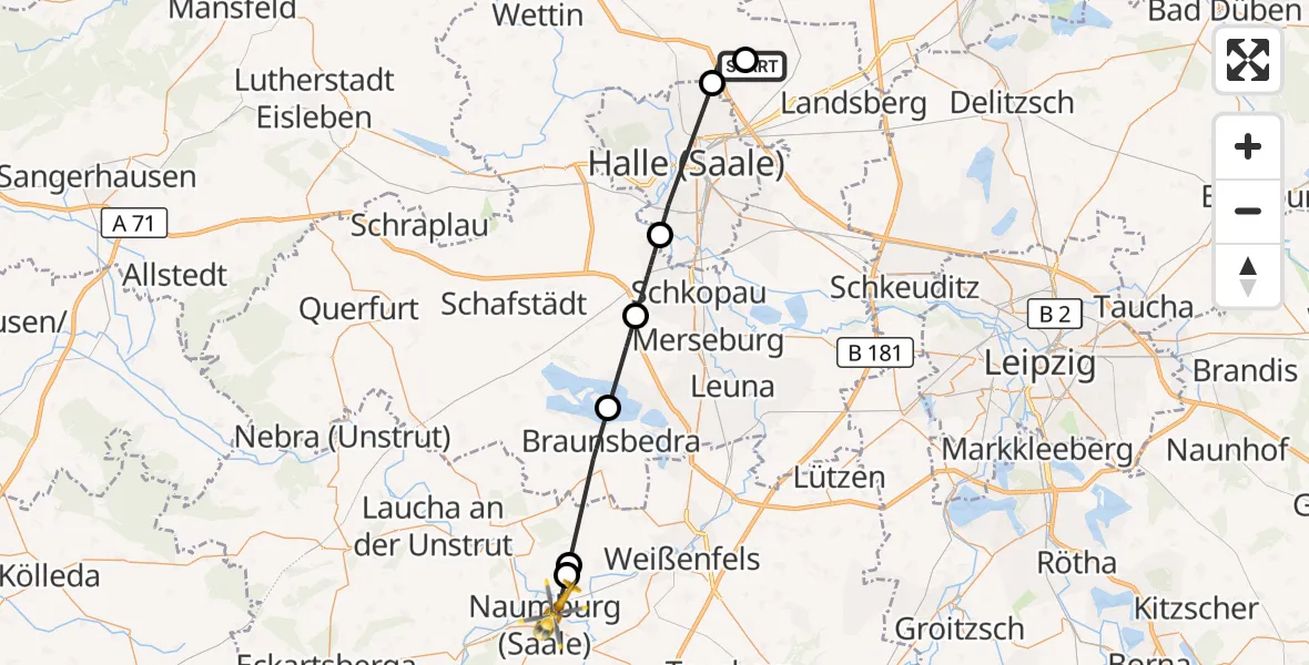 Flugroute Rettungshubschrauber Halle-Oppin Flugplatz - Naumburg (Saale), 23 August 2026, 18:32