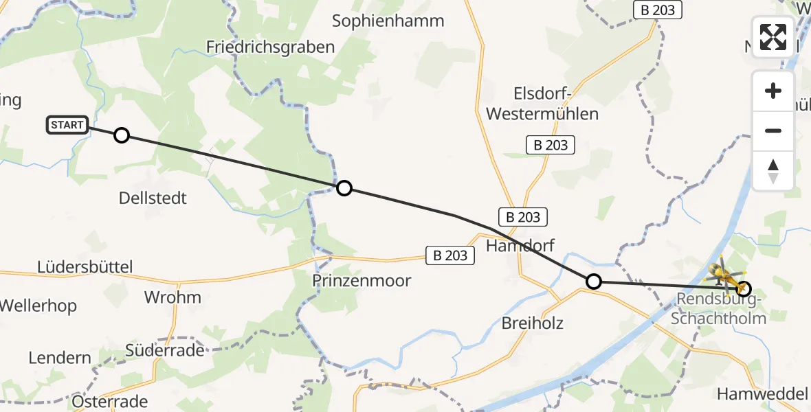 Flugroute Ambulanzhubschrauber Dörpling - Rendsburg-Schachtholm Flugplatz, 23 August 2026, 18:36