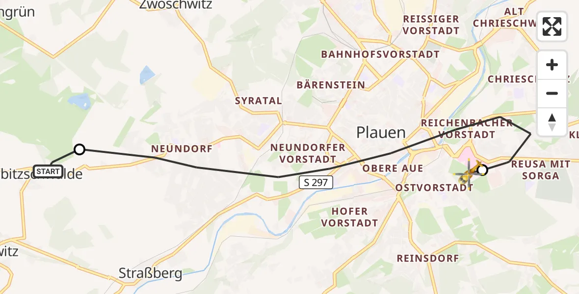 Flugroute Rettungshubschrauber Weischlitz - Helios Clinic Plauen, 23 August 2026, 18:45