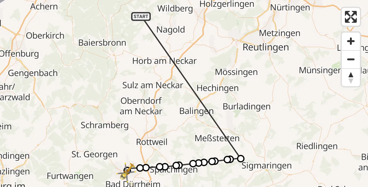 Flugroute Ambulanzhubschrauber Altensteig - DRF Air Rescue Station Villingen-Schwenningen Hubschrauberlandeplatz (Christoph 11), 23 August 2026, 19:11