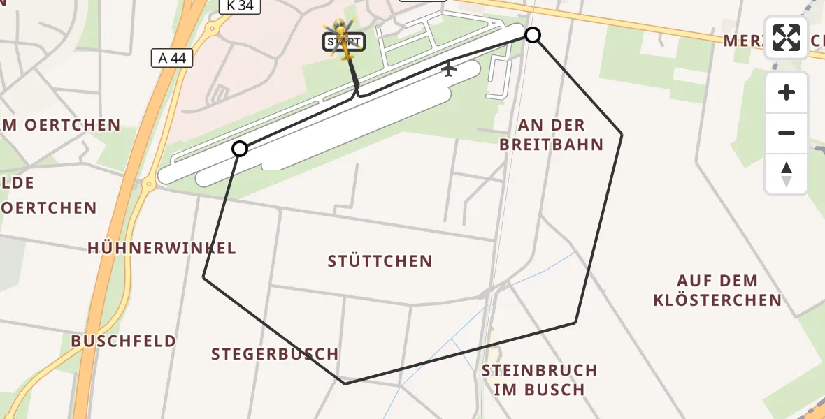 Flugroute Rettungshubschrauber Aachen-Merzbrück Flughafen - Aachen-Merzbrück Flughafen, 23 August 2026, 19:15