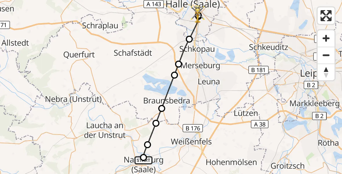 Flugroute Rettungshubschrauber Naumburg Hospital - BG Hospital Bergmannstrost Halle, 23 August 2026, 19:16