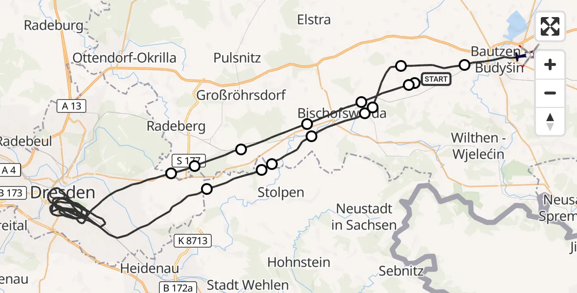 Flugroute Polizeihubschrauber Göda - Bautzen, 23 August 2026, 19:23