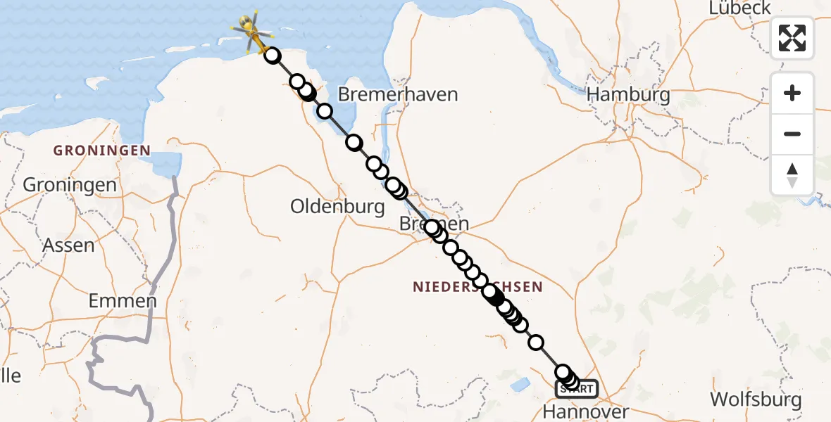 Flugroute Rettungshubschrauber Flughafen Hannover - Spiekeroog Notfall-Hubschrauberlandeplatz, 23 August 2026, 19:45