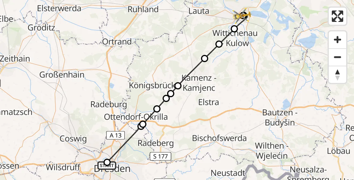 Flugroute Rettungshubschrauber Dresden Friedrichstadt Hospital - Lausitzer Seenland Hospital, 23 August 2026, 19:55