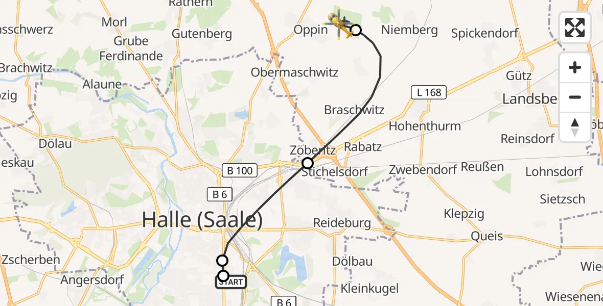 Flugroute Rettungshubschrauber BG Hospital Bergmannstrost Halle - Halle-Oppin Flugplatz, 23 August 2026, 19:55
