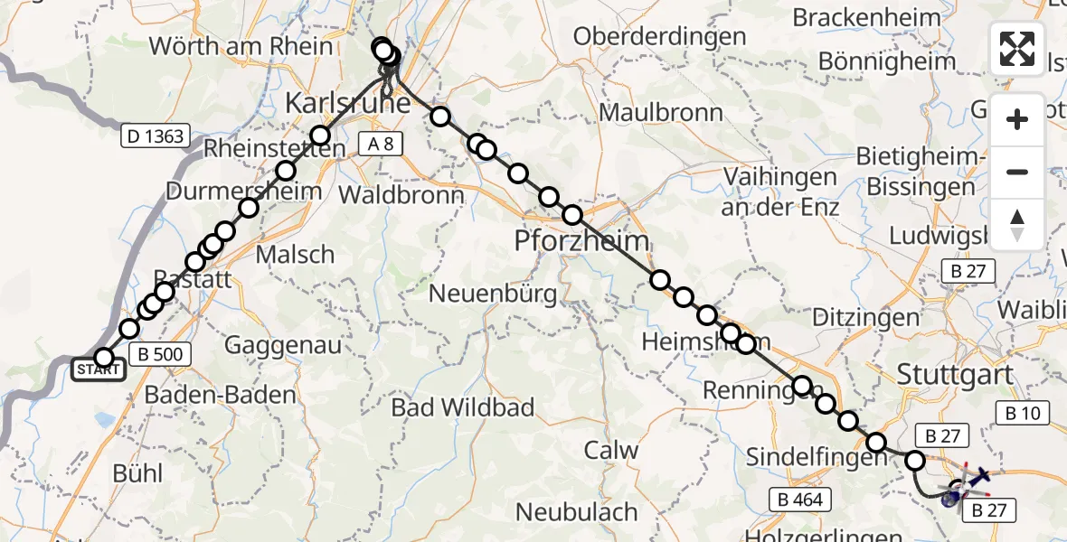 Flugroute Polizeihubschrauber Karlsruhe Baden-Baden Flughafen - Flughafen Stuttgart, 23 August 2026, 19:56
