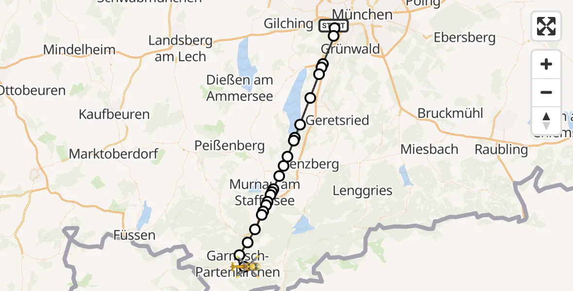 Flugroute Rettungshubschrauber DRF Air Rescue München Hubschrauberlandeplatz - Garmisch-Partenkirchen Clinic Hubschrauberlandeplatz, 23 August 2026, 20:15