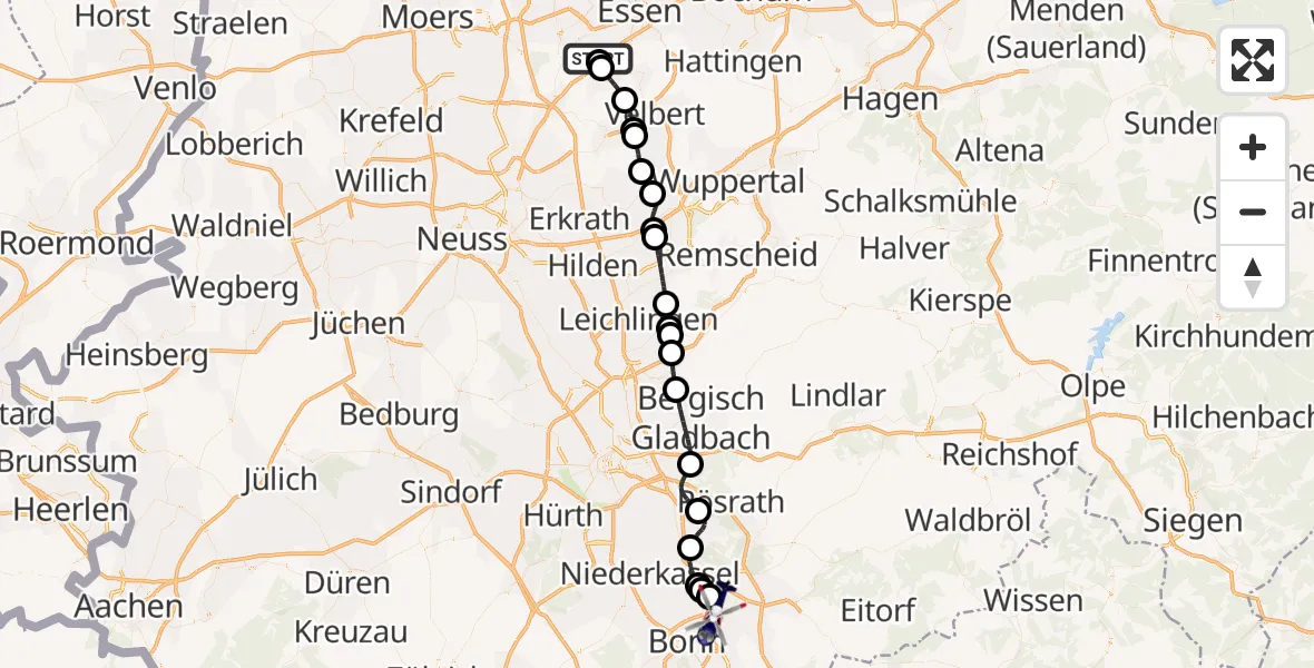 Flugroute Polizeihubschrauber Essen-Mülheim Flughafen - Sankt Augustin, 23 August 2026, 20:22