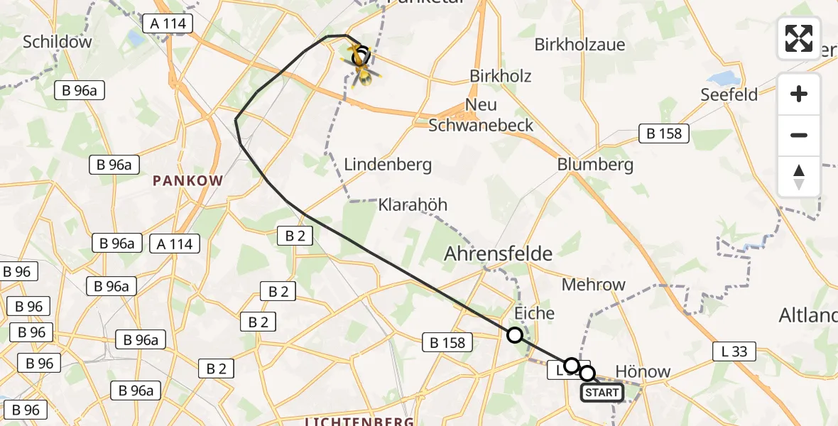 Flugroute Rettungshubschrauber Berlin - Helios Clinic Berlin-Buch, 23 August 2026, 20:27