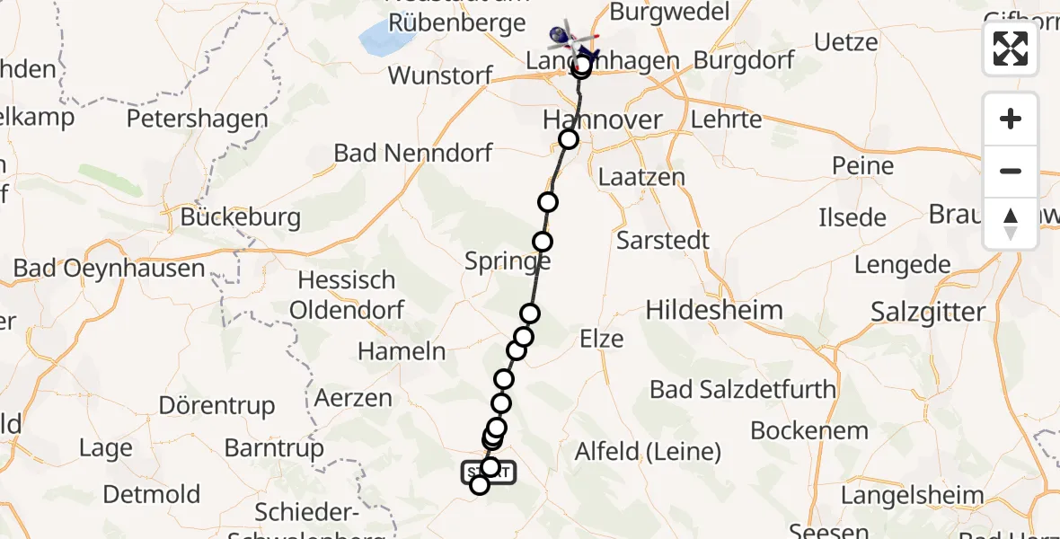 Flugroute Polizeihubschrauber Bodenwerder - Flughafen Hannover, 23 August 2026, 20:44