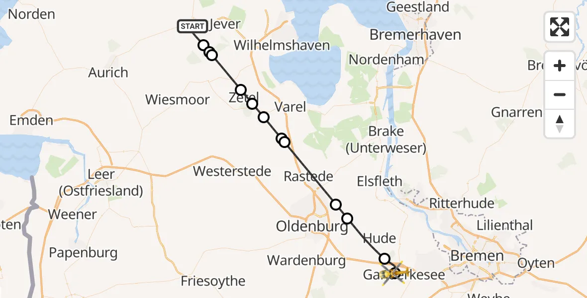 Flugroute Rettungshubschrauber Wittmund - Ganderkesee Atlas Flugplatz, 23 August 2026, 21:50