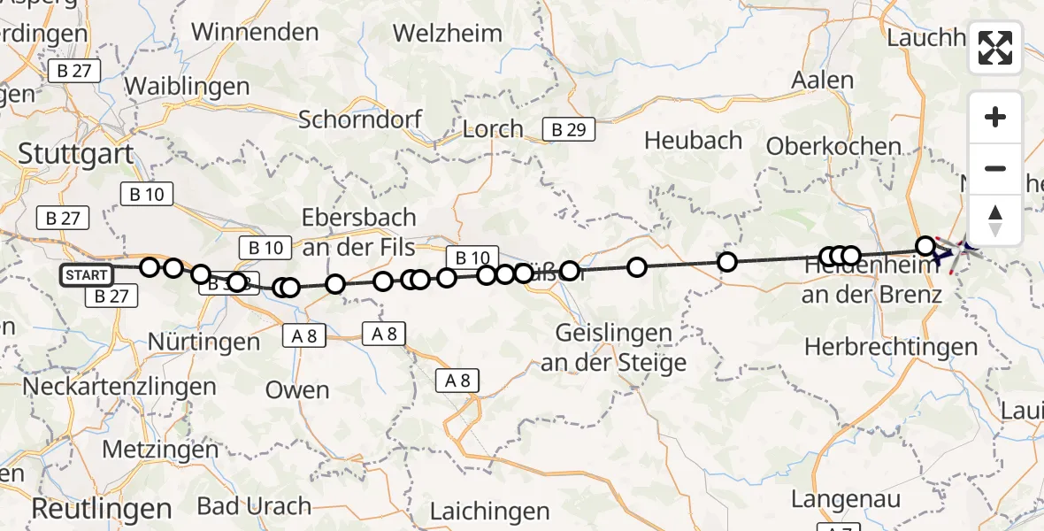 Flugroute Polizeihubschrauber Flughafen Stuttgart - Nattheim, 23 August 2026, 21:56