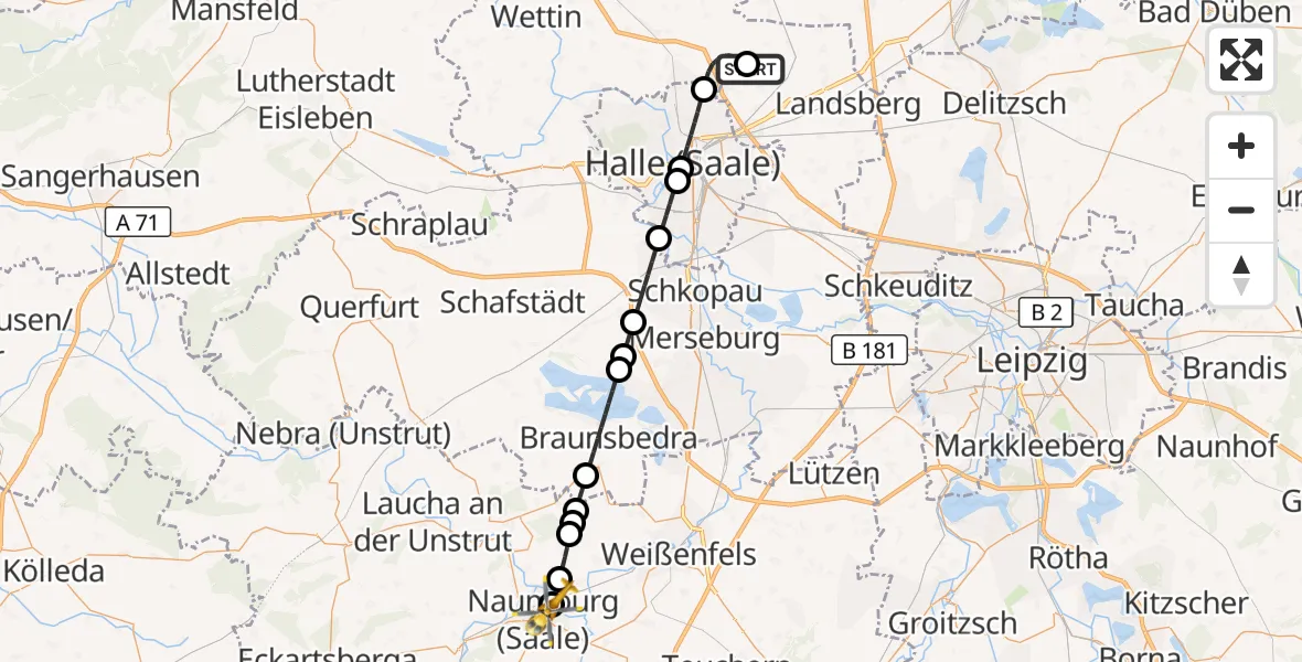 Flugroute Rettungshubschrauber Halle-Oppin Flugplatz - Naumburg Krankenhaus Hubschrauberlandeplatz, 23 August 2026, 22:56