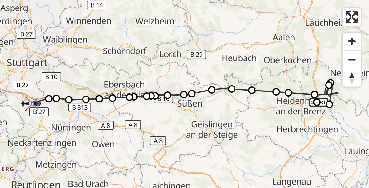 Flugroute Polizeihubschrauber Nattheim - Flughafen Stuttgart, 23 August 2026, 23:05
