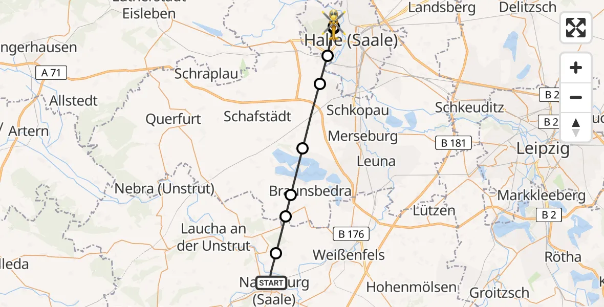 Flugroute Rettungshubschrauber Naumburg (Saale) - Halle (Saale) University Hospital, 23 August 2026, 23:31