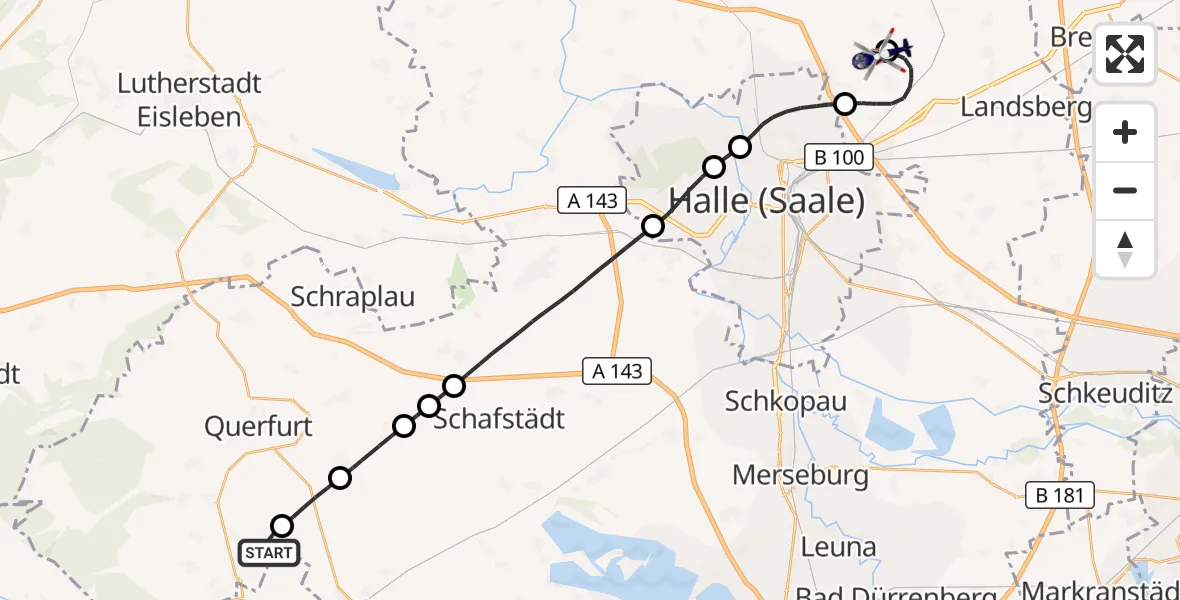 Flugroute Polizeihubschrauber Querfurt - Halle-Oppin Flugplatz, 23 August 2026, 23:58